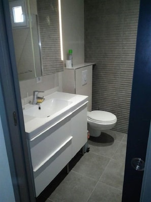 Dusche, Haartrockner, Handtücher, Seife