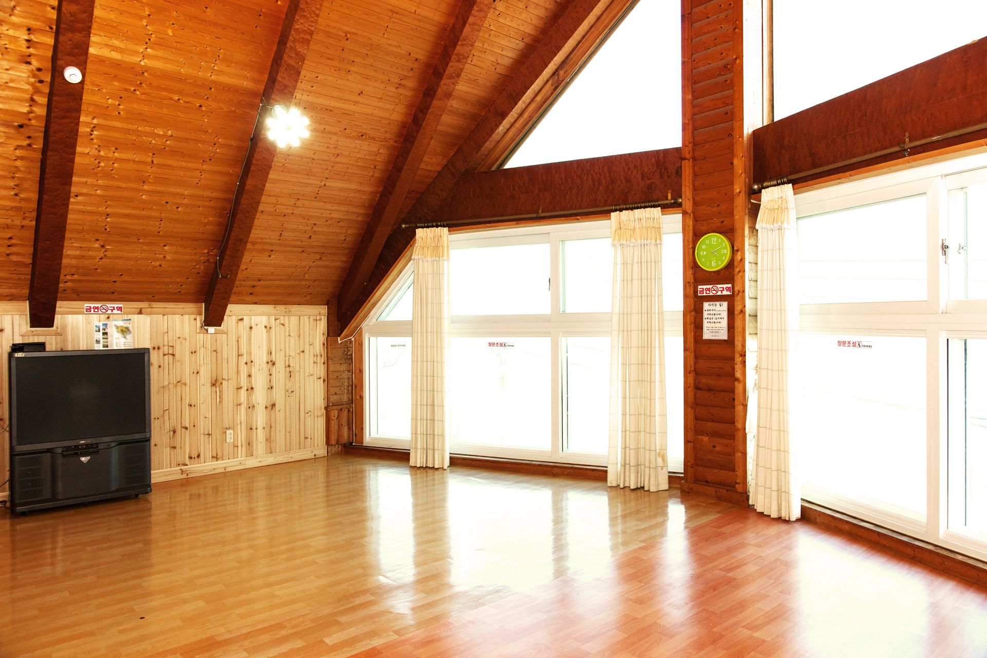 A spacious room with wooden floors and a sloped ceiling, large windows with curtains, and a television on a cabinet.
