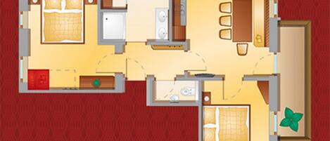 Planta baixa de um quarto de hotel com cama, banheiro, cozinha e sala de estar.