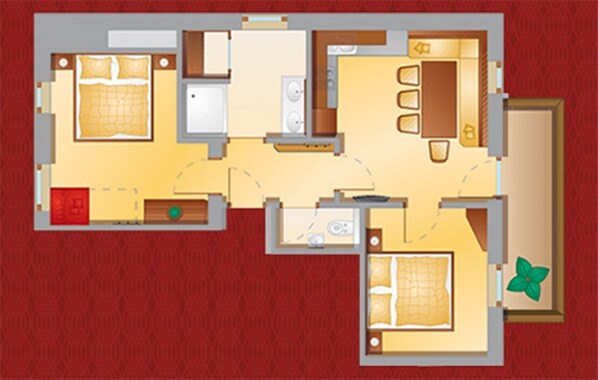 A floor plan of a hotel room with a bed, a bathroom, a kitchen, and a living area. - Alpenhof Apartments (Mittersill)