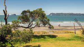 A beach with a large tree, grassy area, and a view of the sea. - Norma's Place - Simpsons Beach Bach (Whitianga)