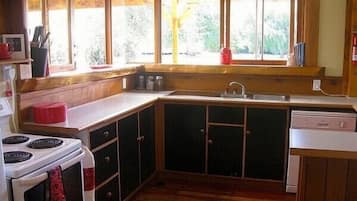 Fridge, microwave, dishwasher, cookware/dishes/utensils