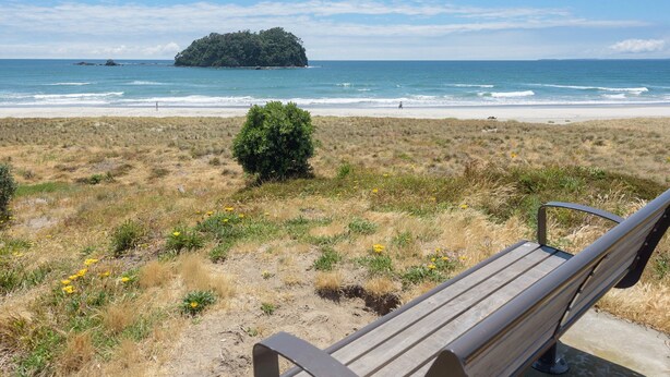 A beach with a bench, grassy area, and a small island in the distance. - Seaside Marine - Mt Maunganui Holiday Home (Mt Maunganui)