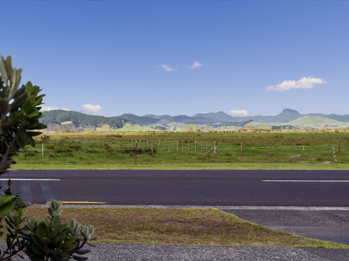 Paesaggio rurale con una strada, campi verdi e montagne sullo sfondo.