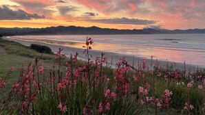 Paisagem costeira com praia, primeiro plano gramado com flores cor-de-rosa, e um pôr do sol no oceano com montanhas ao longe.
