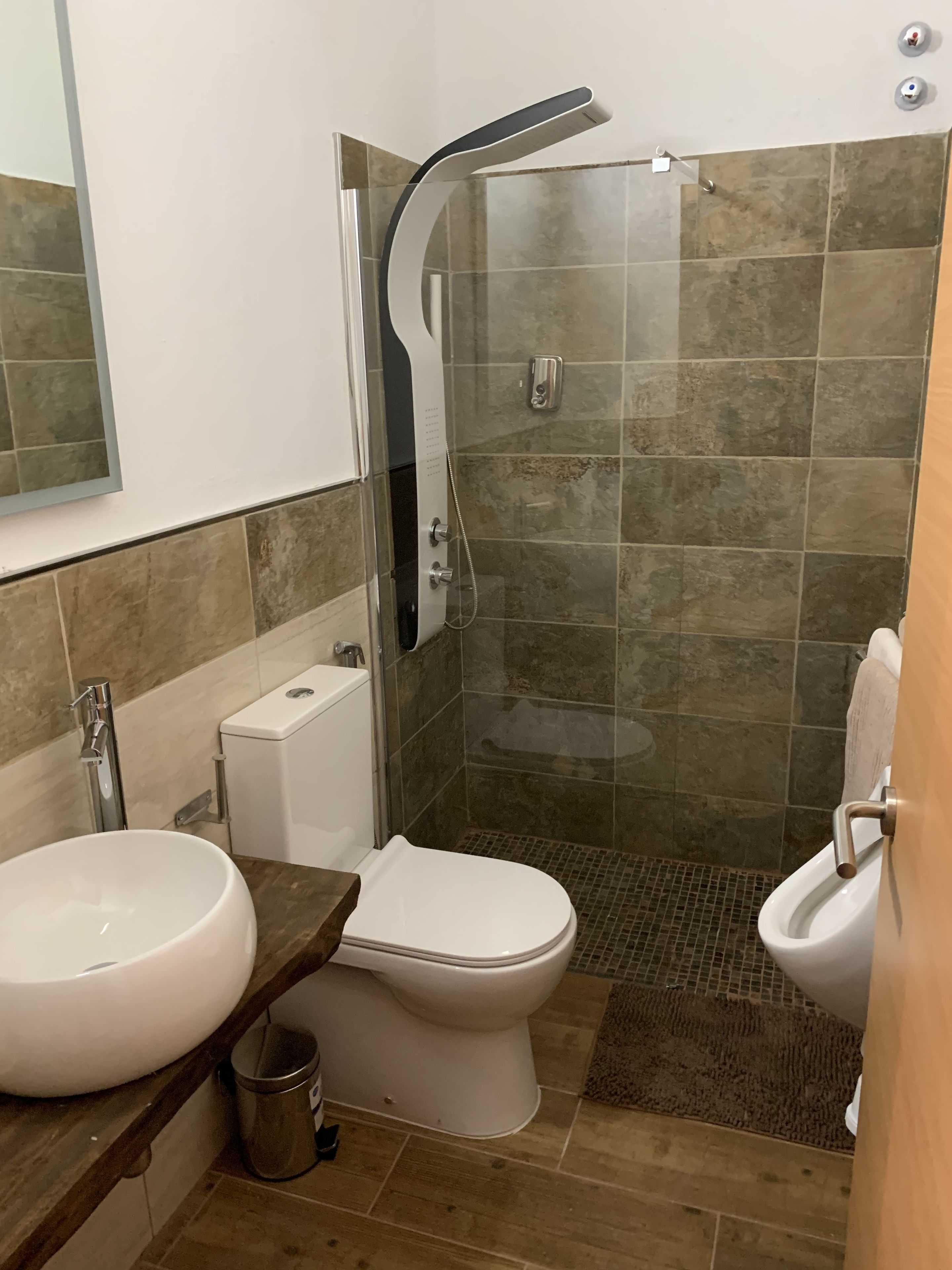A bathroom with a shower, toilet, sink, and a mirror.