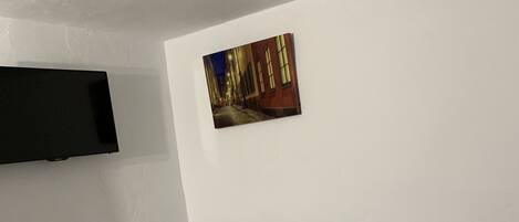 A bedroom with a bed, a mounted TV, a wooden floor, and a wall-mounted picture.