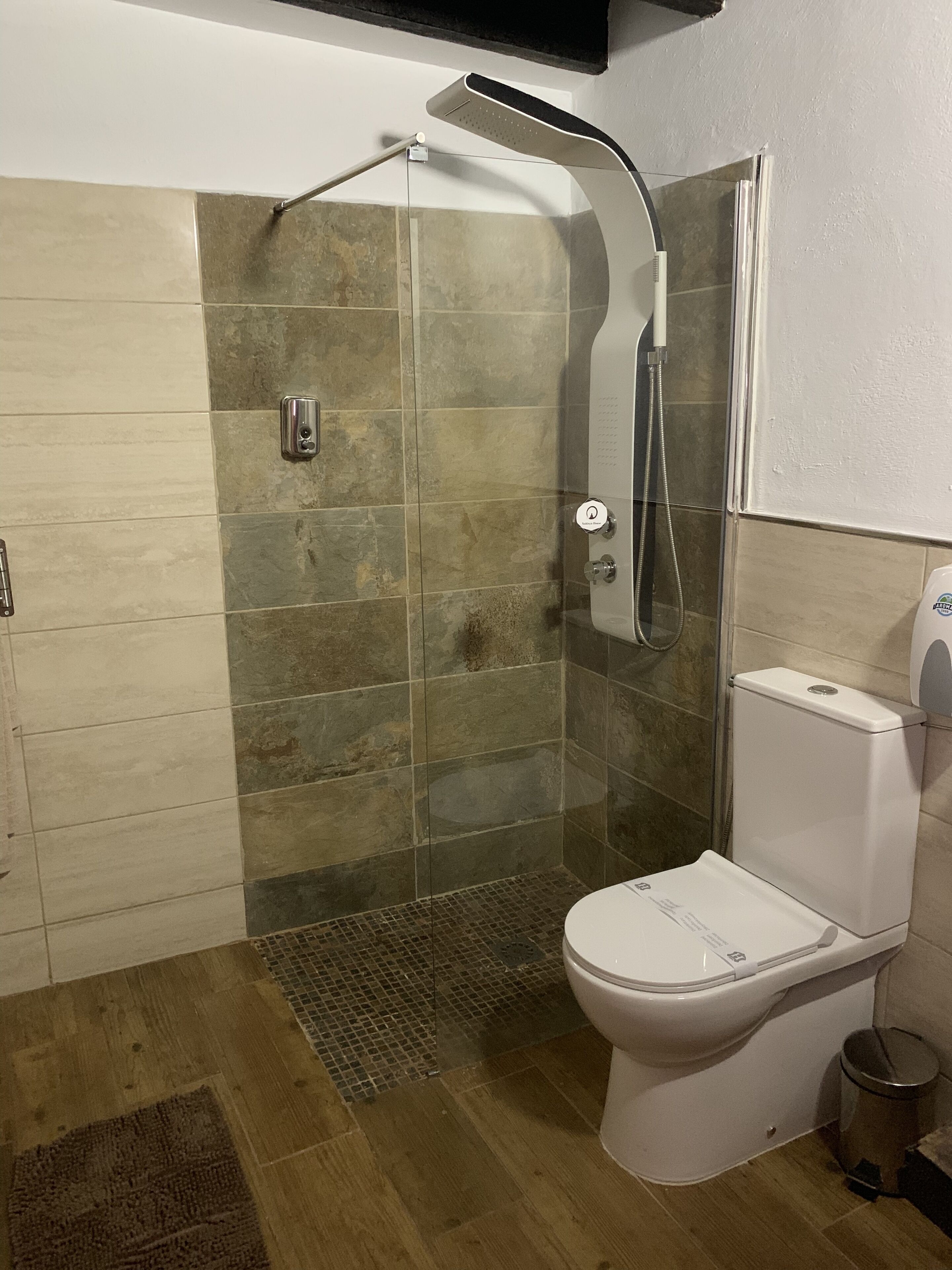 A modern bathroom with a glass-enclosed shower, a white toilet, and a tiled floor.