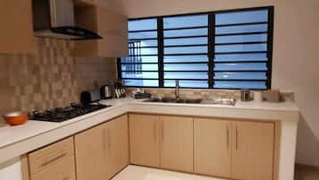 Luxury Villa | Private kitchen | Full-sized fridge, microwave, oven, stovetop