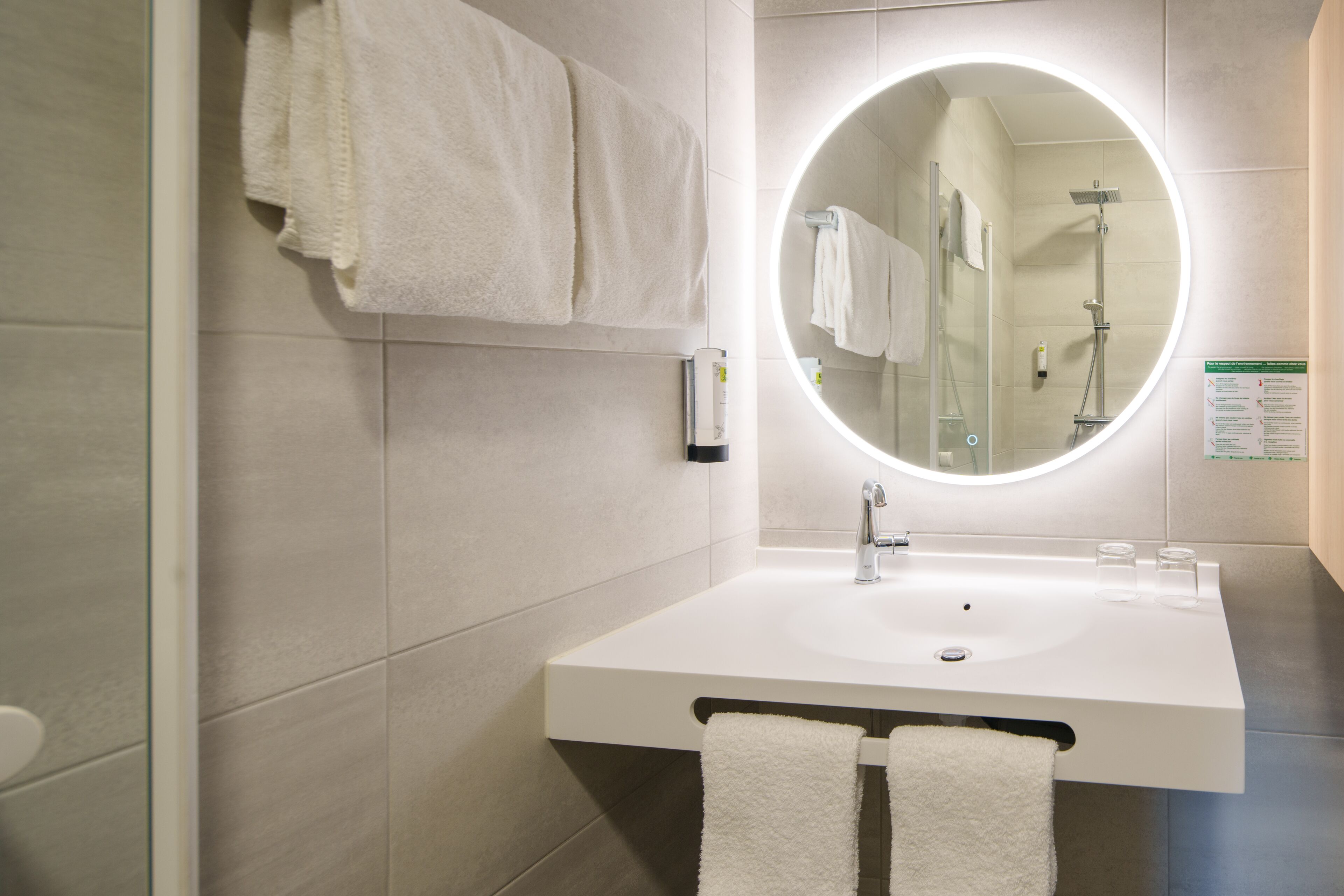 shower, rainfall showerhead, hair dryer, towels