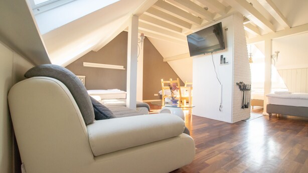 A modern loft bedroom with a sloped ceiling, a flat-screen TV mounted on the wall, and a cozy seating area with a sofa and a chair. - Lovely City House (Meerbusch)