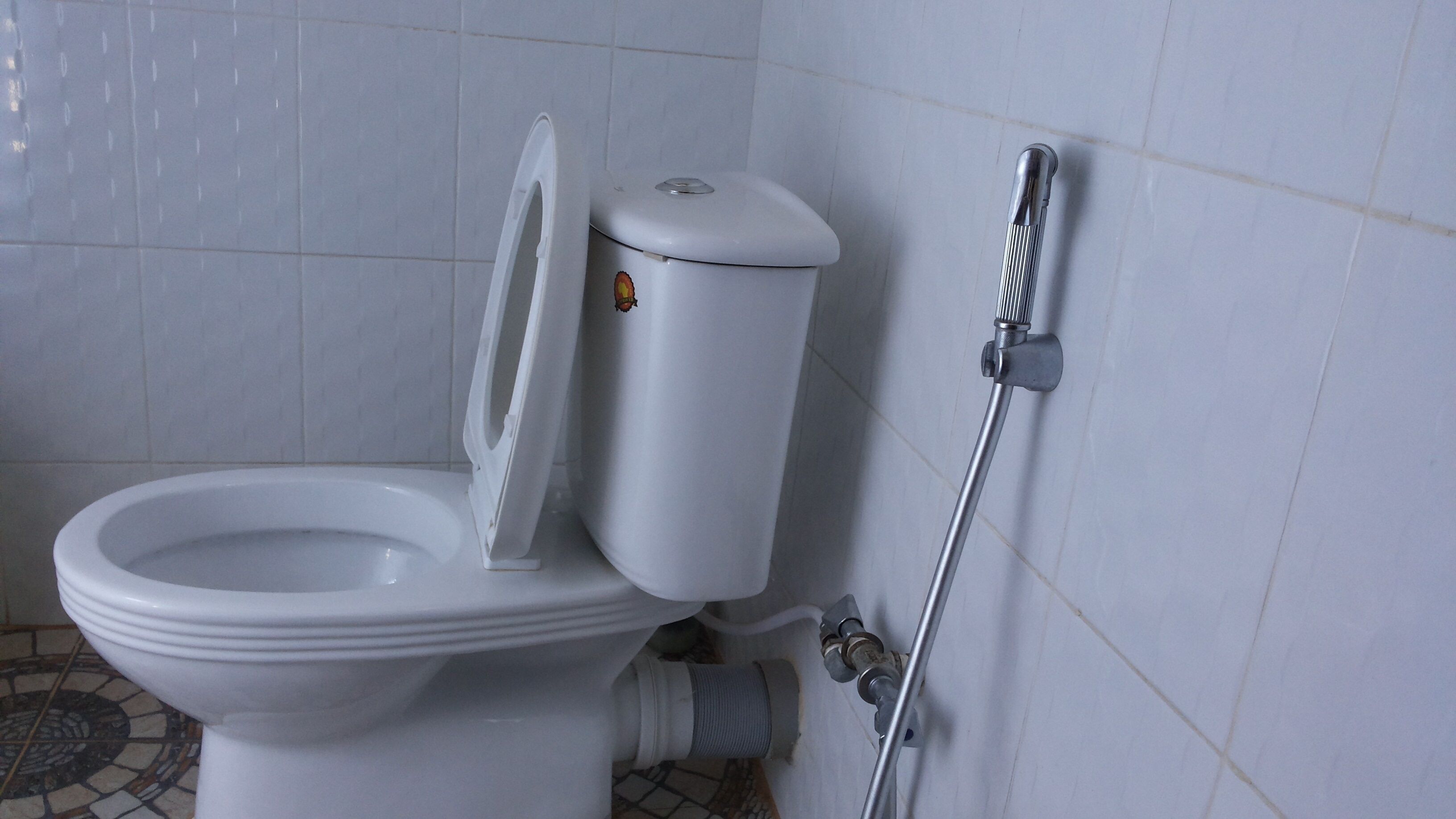 Des toilettes avec un abattant fermé, un bidet fixé au mur et un sol carrelé.