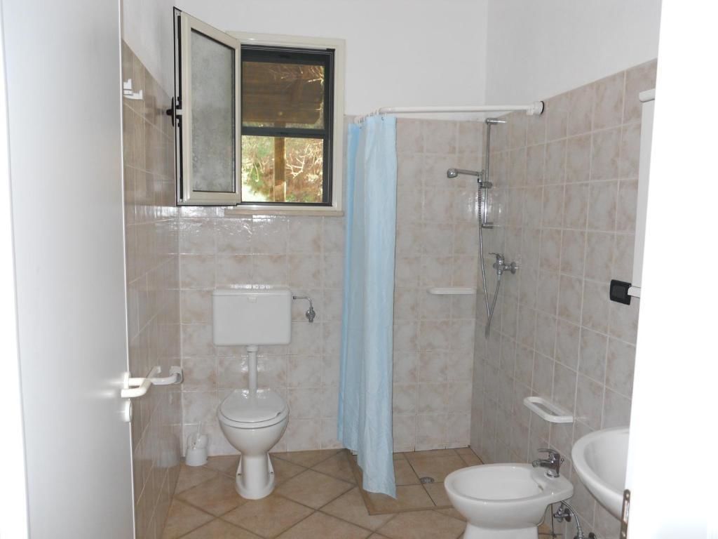 A bathroom with a toilet, bidet, shower, and sink.
