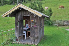 Outdoor dining - Vacation apartment 1 - Bocksleitnerhof (Wackersberg)