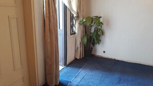 Una habitación con alfombra azul, una planta en maceta, una puerta y una ventana con cortinas.