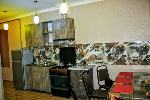 Apartment, 2 Bedrooms (Atskuri Str) | Private kitchen | Fridge, oven, stovetop, cookware/dishes/utensils - Apartment on Atskuri Str (Tbilisi)