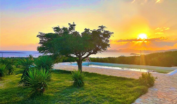 A tree-lined pathway leading to a pool with a sunset view. - Paros Afrodite Luxury Villas ,2 private pools , spa ,ocean views max 17 persons (aliki)