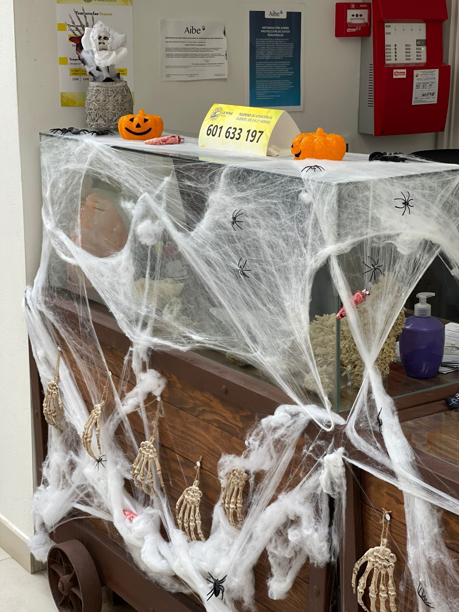 Une décoration sur le thème d’Halloween, avec une toile d’araignée et des squelettes sur un chariot en bois.