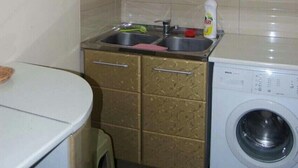 Eine kleine Küche mit Waschmaschine, Spüle und einem Schrank mit strukturierter Oberfläche.