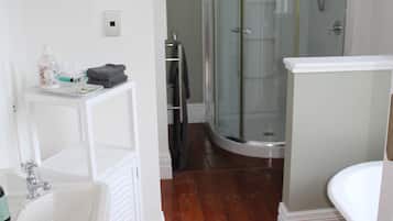 Hair dryer, towels, soap, shampoo