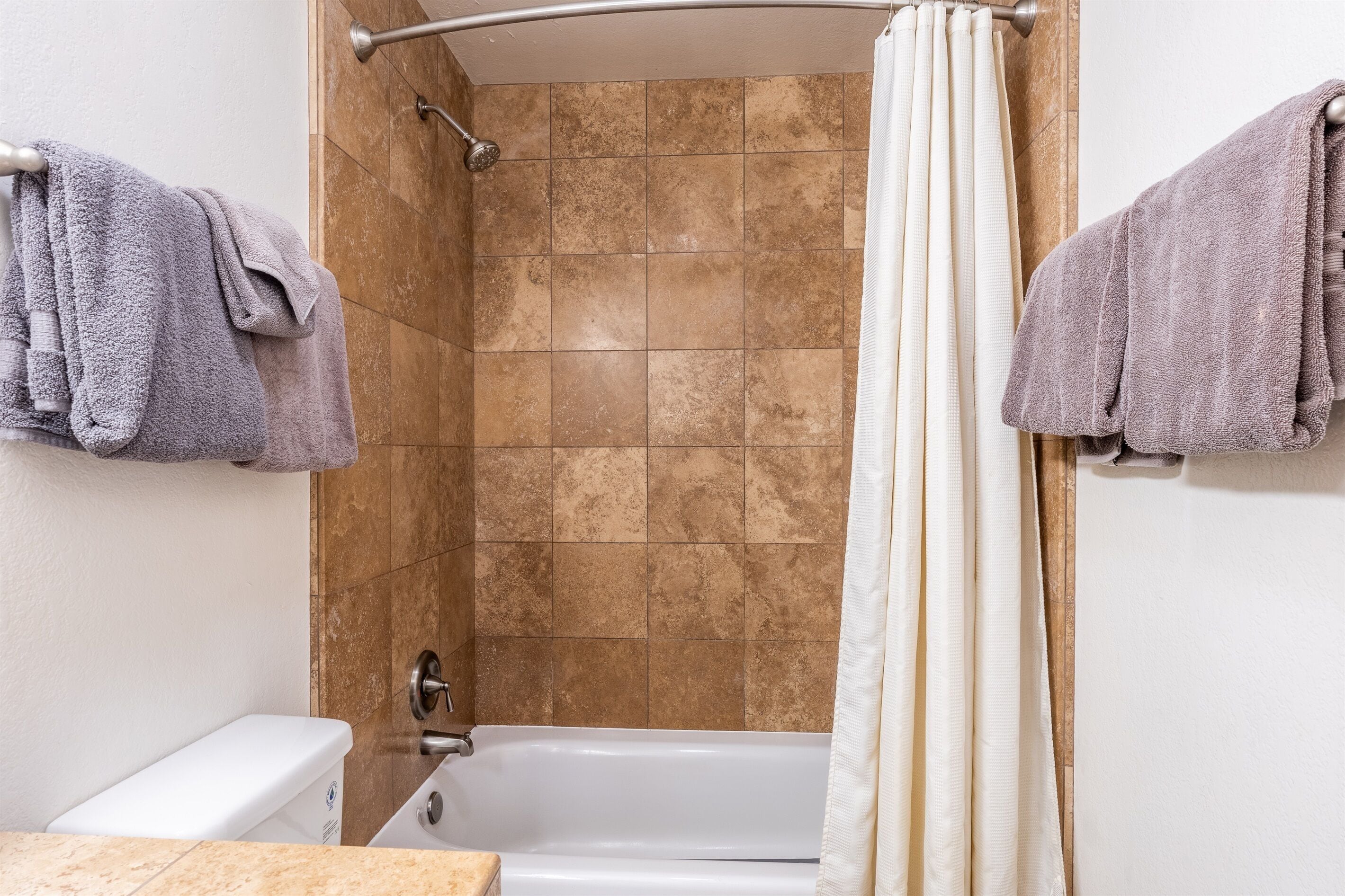 Une salle de bain avec une douche, des toilettes et deux serviettes accrochées au mur.