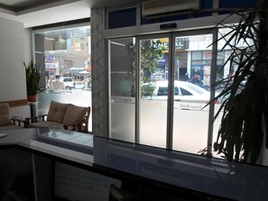 A reception area with a glass door leading outside, a reception desk, a potted plant, and a chair.
