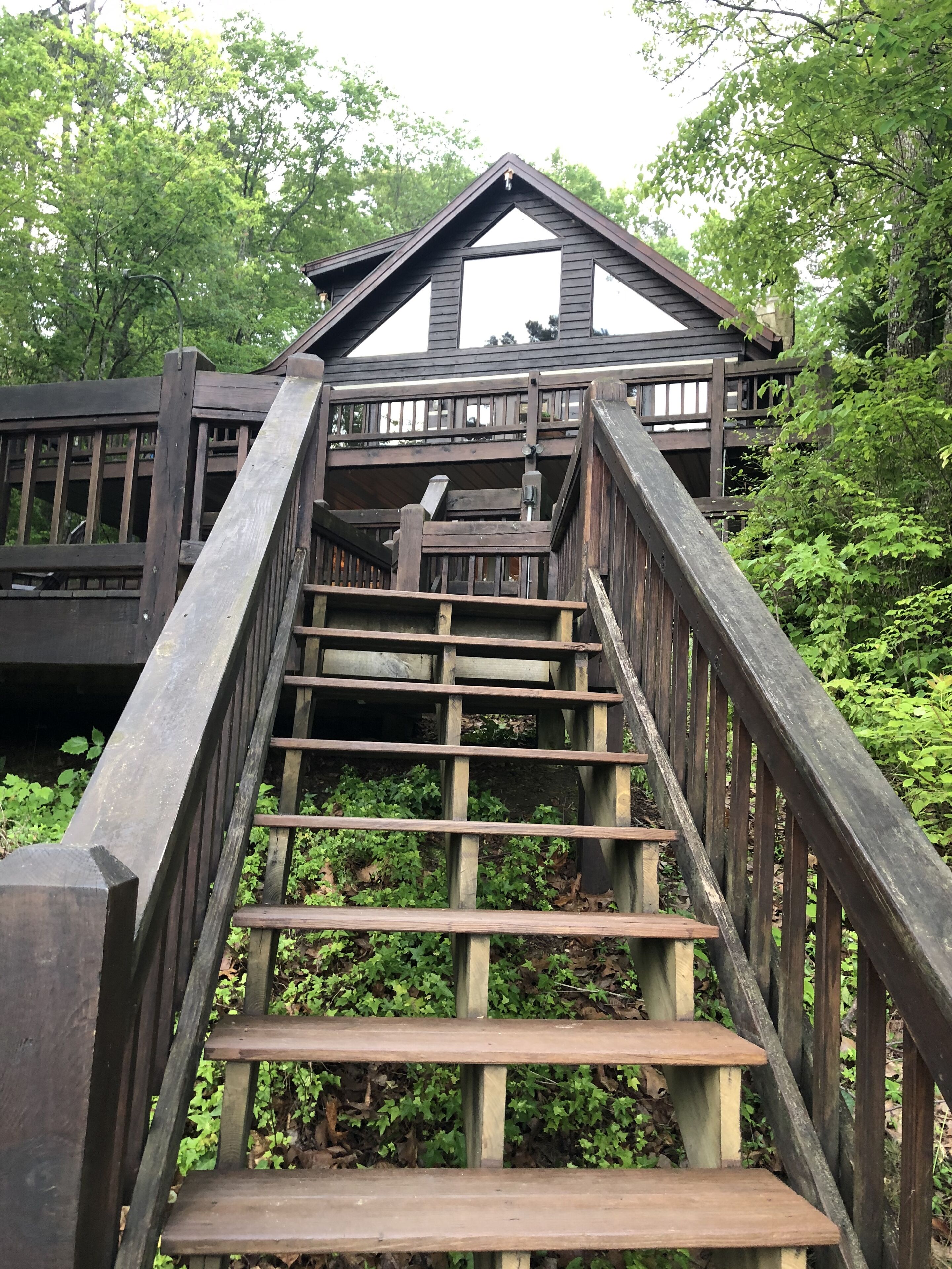 A wooden staircase leading to a cabin with a triangular roof, surrounded by lush greenery.