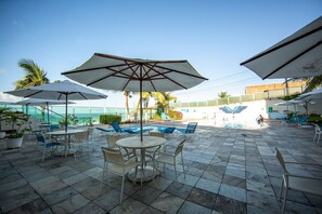 An outdoor patio area with tables and chairs, umbrellas, and a pool.
