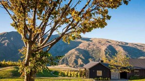 A rustic cabin with a stone foundation and a metal roof, surrounded by a lush green landscape and mountains in the background. - Up in the mountains!!! Luxury self contained unit. (Arrowtown)