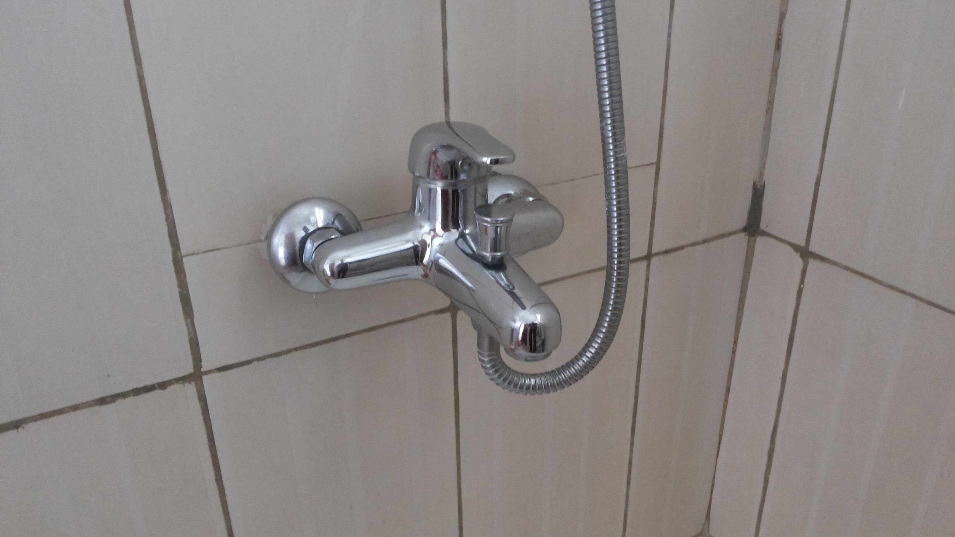 A chrome shower fixture with a flexible hose, mounted on a tiled wall.