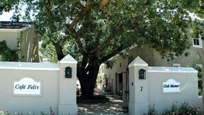 A gated entrance with signs for 'Café Felix' and 'Oak Manor' along with a pathway leading to a building. -  Old Oak Manor (Riebeek Kasteel)