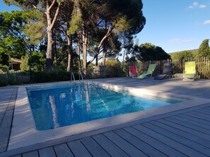 Outdoor pool, pool umbrellas, pool loungers
