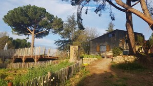 A rustic house with a dirt path leading to it, surrounded by trees and a wooden fence. - Mas des Ballats (Saint-Bauzille-de-Putois)