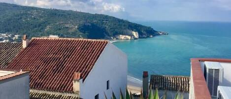 A coastal view with terracotta-roofed buildings, a clear sky, and a distant coastline.