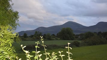 A mountainous landscape with a field in the foreground and a body of water in the midground.