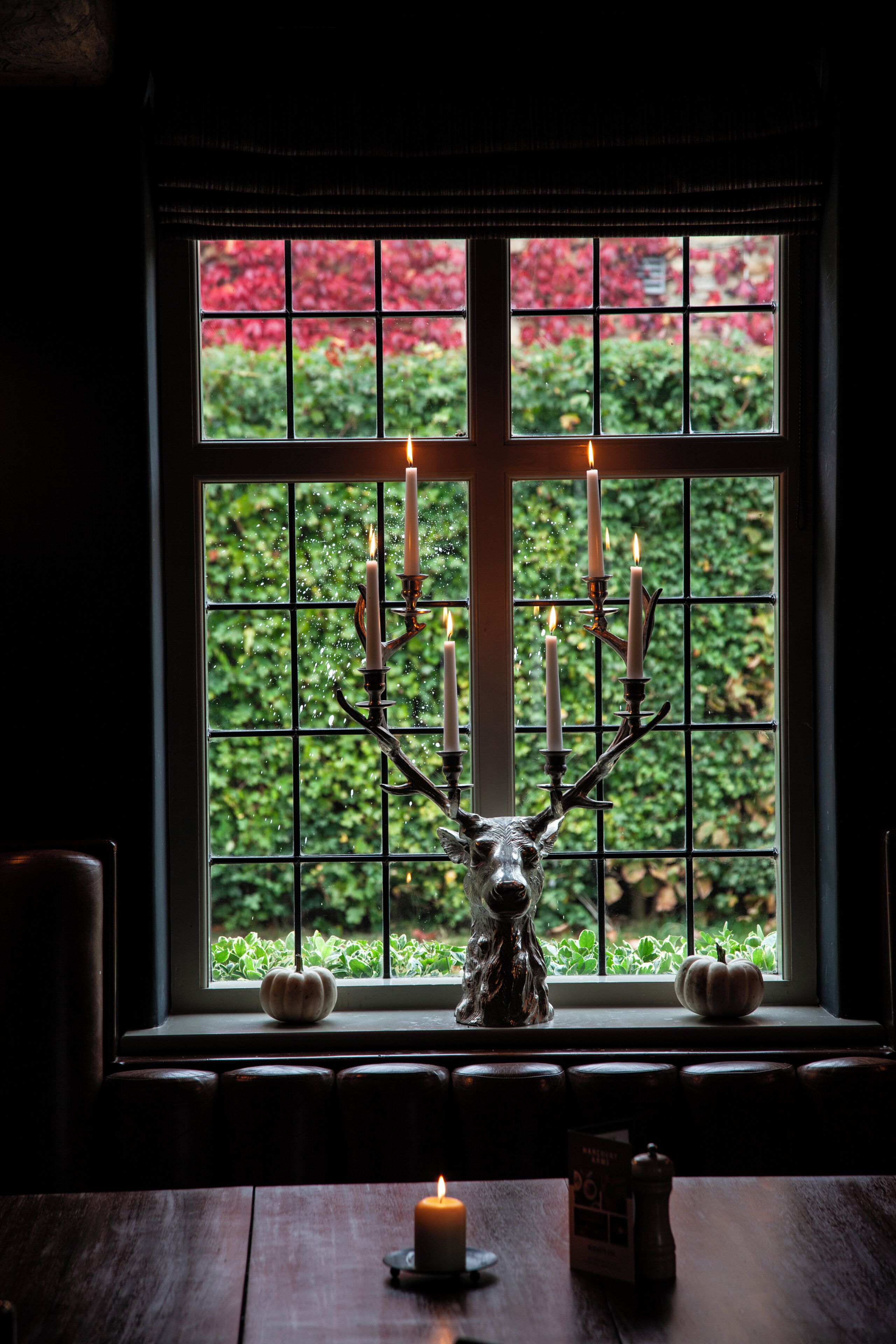 Una ventana con una cabeza de ciervo decorativa y velas, una mesa de madera con una vela, y vistas al exterior de follaje.