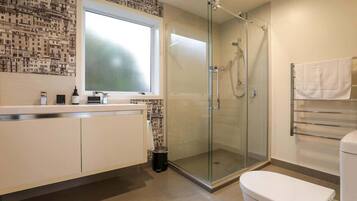 Shower, hair dryer, towels