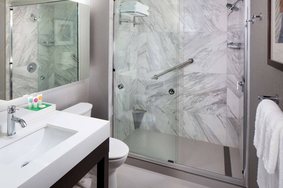 hydromassage showerhead, free toiletries, hair dryer, towels