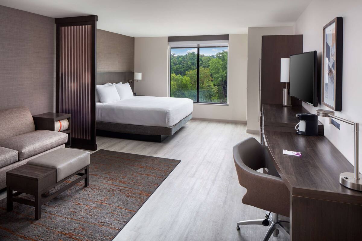 A modern hotel room with a bed, a desk, a chair, a sofa, and a large window offering a view of trees.