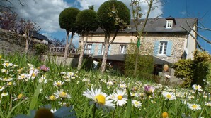 Une maison en pierre avec une façade en pierre, un balcon et un jardin où poussent des marguerites.