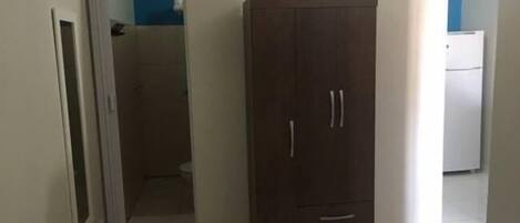 A room with a wardrobe, a toilet, and a sink.