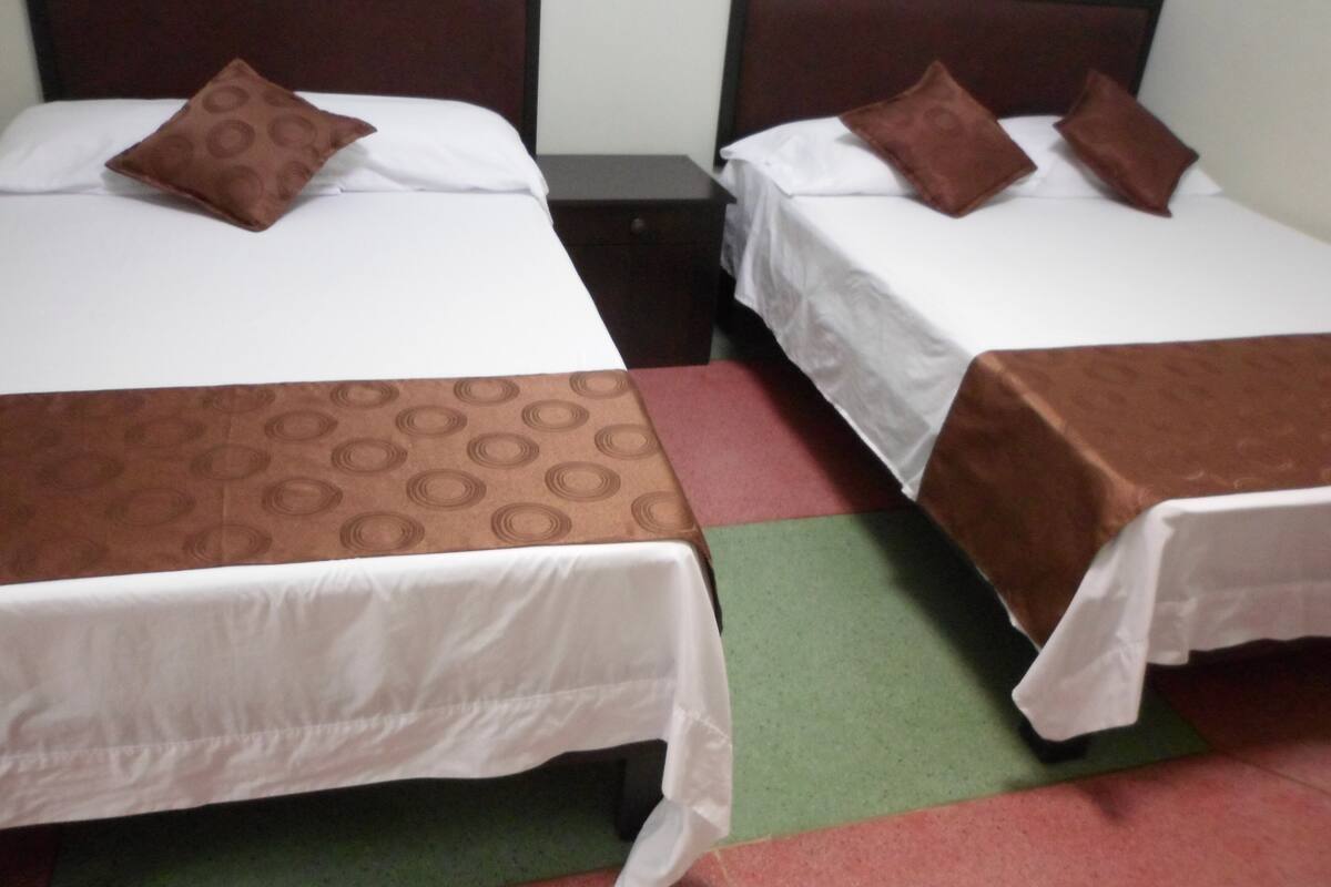 Two single beds with brown headboards and white linens, each with a brown pillow.