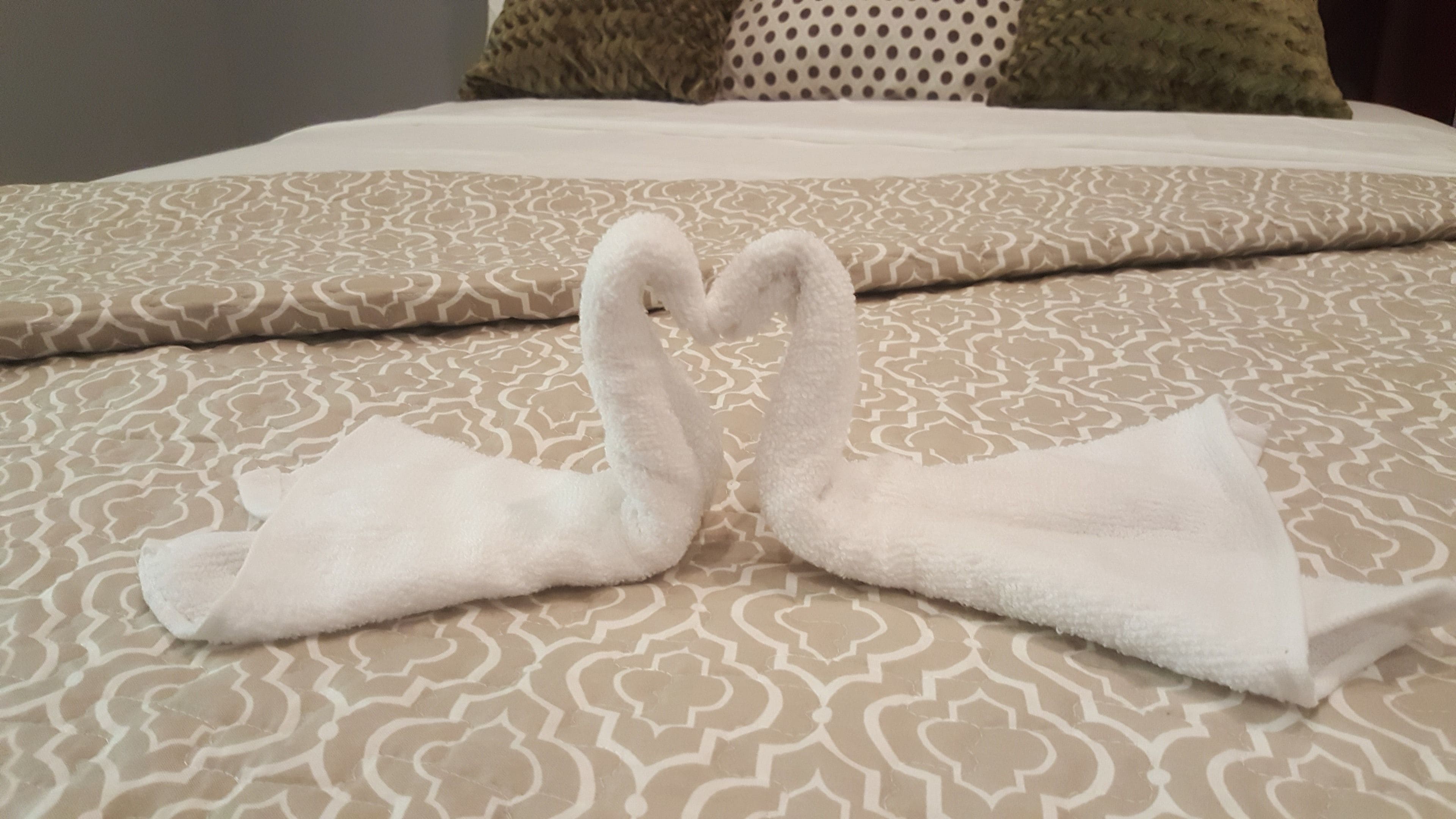 Una cama con una colcha estampada y dos toallas dispuestas en forma de cisnes.