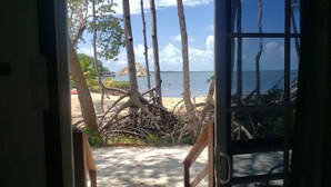 Vista a través de un vano a una playa con palmeras y una sombrilla de paja.