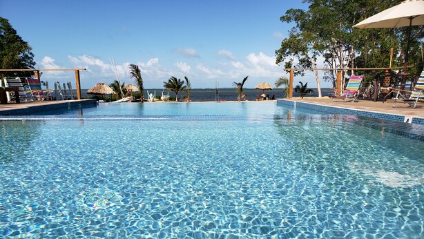 Piscina cristalina con vista al océano, sillas de descanso y sombrillas.