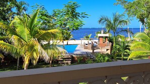 Zona de piscina con vista al océano, rodeada de palmeras y una terraza de madera.
