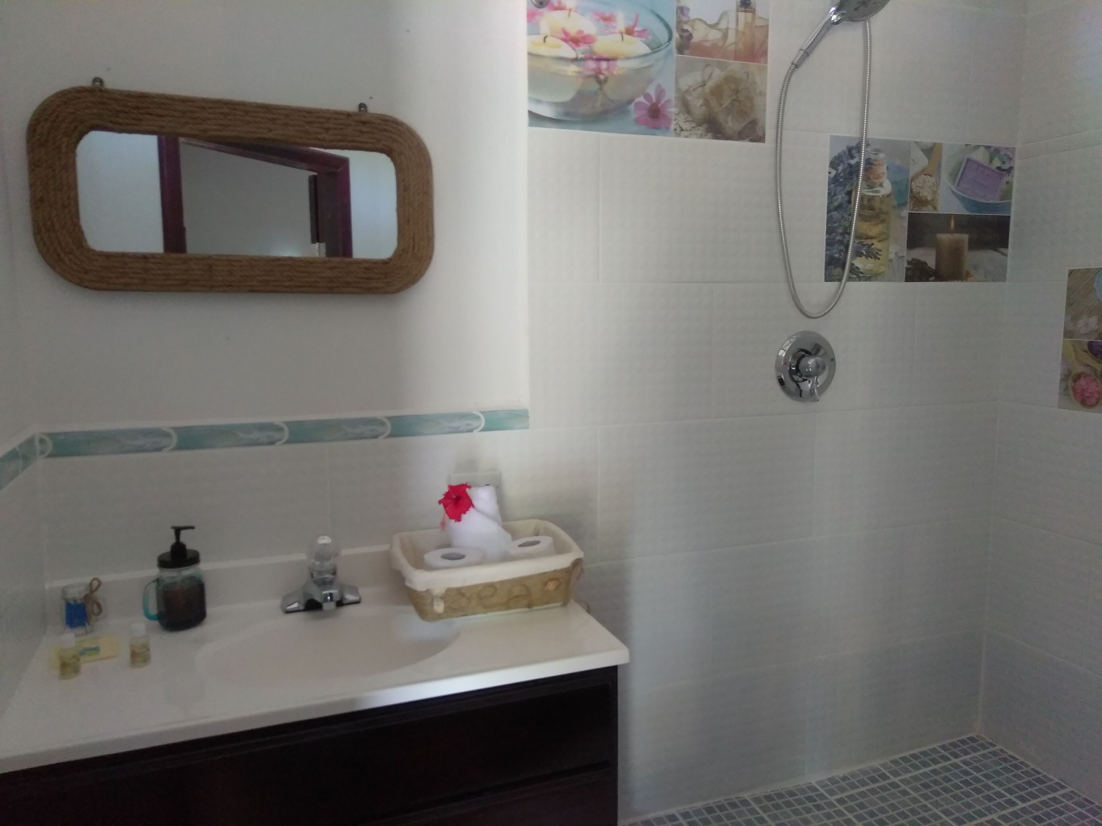 A bathroom with a mirror, sink, and shower.