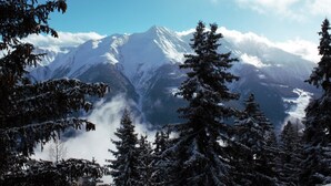 A snow-covered mountain with a clear sky.