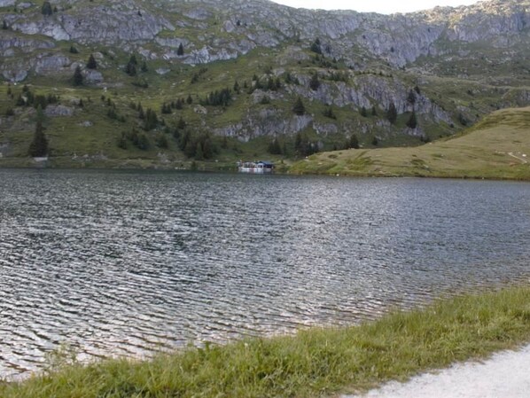 A lake with a house on the shore, surrounded by mountains and greenery.