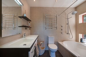 Hair dryer, towels, soap, toilet paper